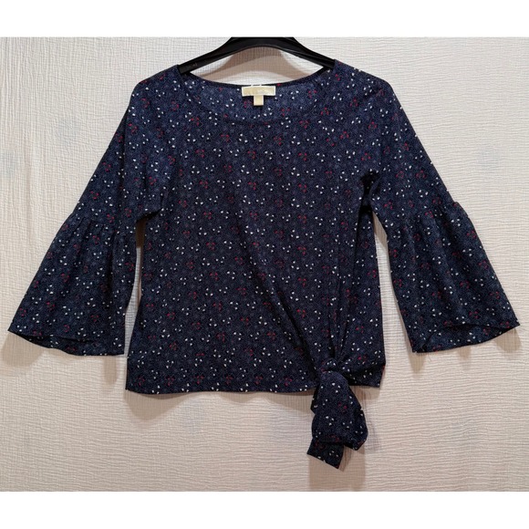 Michael Kors Tops - Michael Kors Women's Top Size M Navy Blue Heart Print 3/4 Bell Sleeve Tie Front‎